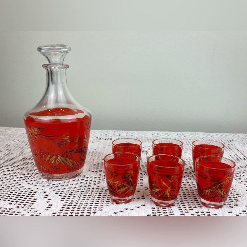 Vintage FRANCE stamped Asian themed Liquor Decanter with Shot Glasses